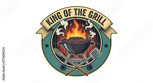 King of Grill Badge Collection BBQ Grill Elements with Flame Vector Illustration