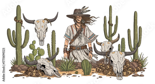 Cowgirl with bull skull cactus desert landscape vector graphic illustration wild west