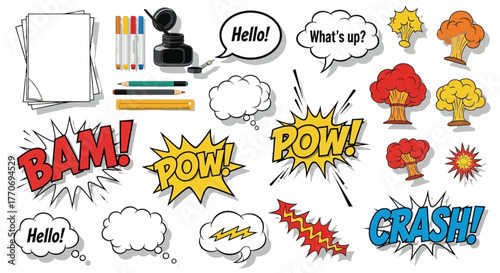 Comics speech bubbles bam pow crash explosions sound effects vector illustration
