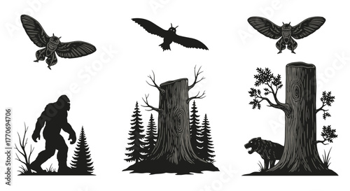 Cryptozoology Silhouette Collection Bigfoot and Unusual Creatures Vector Set