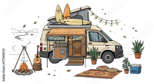 Camper Van Surfboards Camping Adventure Road Trip Vacation Travel Vehicle Vector Illustration