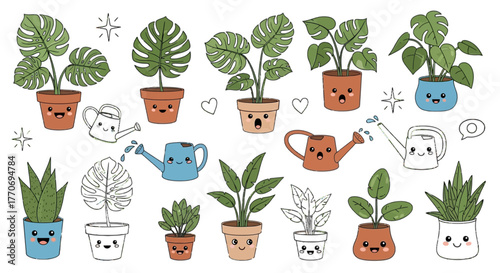 Houseplant Kawaii Character Cute Plant Pot Watering Can Various Plant Collection Vector