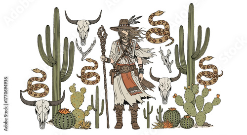 Desert Shaman with Cacti and Snakes Native American Western Vector Art Illustration