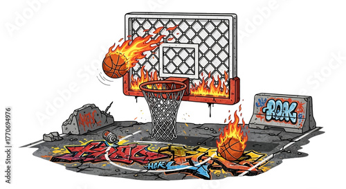 Cartoon basketball court on fire with graffiti art sports court street art vector design