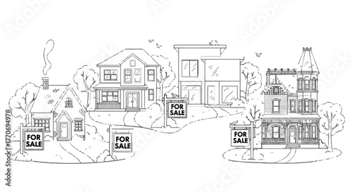 Houses for sale Real estate agency Homes on sale Houses line drawing