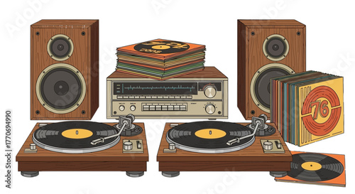 Turntables with vinyl records sound equipment record player retro electronic vector