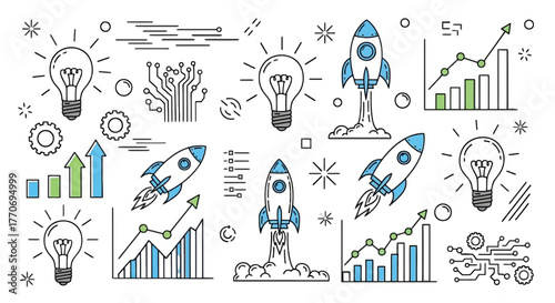 Startup idea light bulb rocket launch business success innovation strategy vector set
