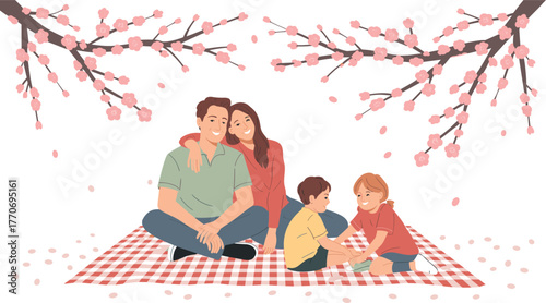 Family picnic under cherry blossoms, springtime bonding scene, blooming trees, joyful outdoor moment, nature illustration, seasonal leisure, peaceful lifestyle concept