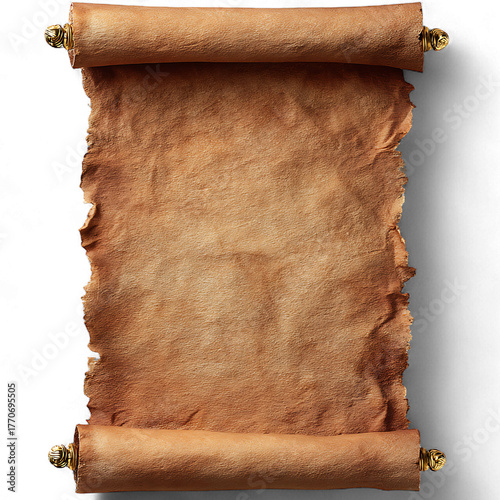 An old parchment scroll with golden ends isolated on transparent background