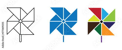 pinwheel icon set. Illustration of a pinwheel toy presented in colorful and silhouette design, perfect for decoration and ornamental purposes.