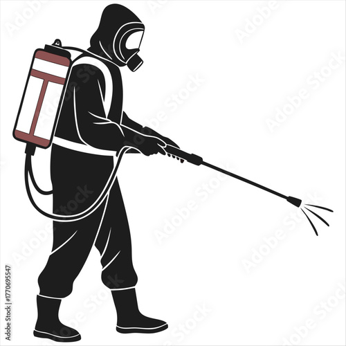 Silhouette of person in hazmat suit spraying disinfectant with tank on back on white background