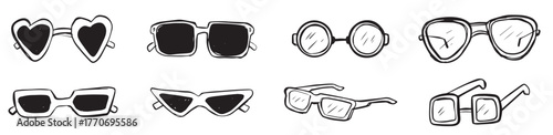 Set Of Sun glasses hand drawn illustration. Hand drawn sunglasses collection in black and white on transparent background, vector illustration.