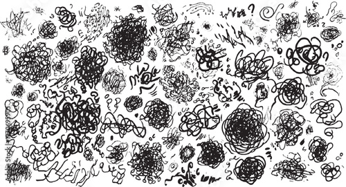Black ink scribbles and doodles on white background abstract chaotic