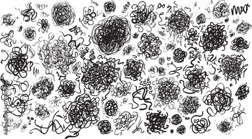 Black ink scribbles and swirls on white background abstract chaos