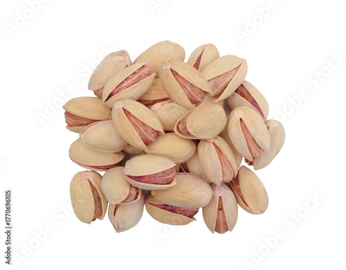 Heap of pistachios isolated on white.