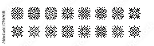 Collection of Blue Watercolor Snowflakes on White Background, Pixel Art Snowflake: Winter Design Element for Holiday Projects, Cards, and Websites. Collection of Intricate Ice Crystal, vector illustra