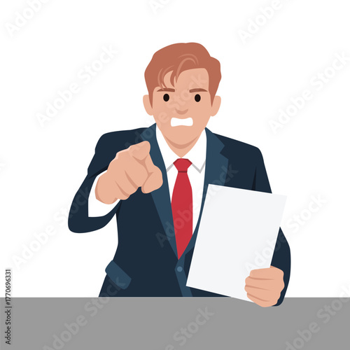 Angry Businessman Pointing and Holding Document. Flat vector illustration isolated on white background