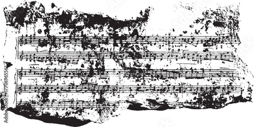 Torn sheet music with abstract grunge texture notation