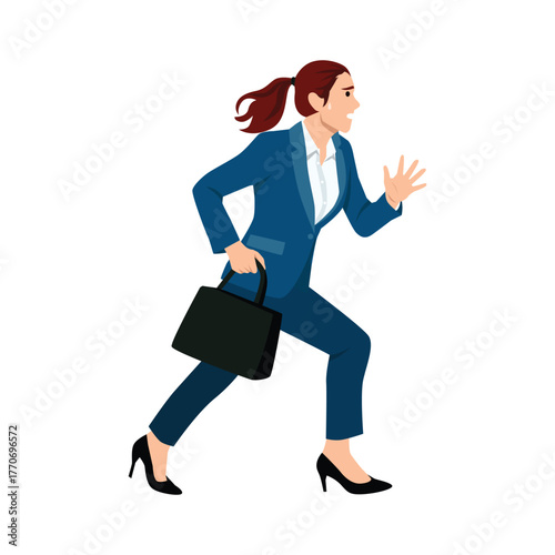 Businesswoman Running in a Hurry with Briefcase. Flat vector illustration isolated on white background