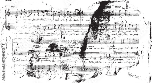 Old handwritten musical score with ink smudges and torn edges vintage