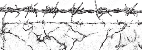 Twisted wire fence with cracked ground texture barbed sharp