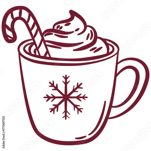 Christmas cup of latte with candy can. Red hand drawn Xmas festive cup with snowflake decoration for holiday cards, banners, posters, web. Vector illustration