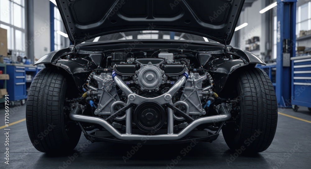 Naklejka premium Front view of a car's exposed engine in a bright workshop setting