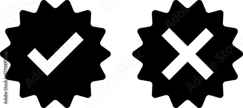 Black starburst badges with checkmark and cross symbols