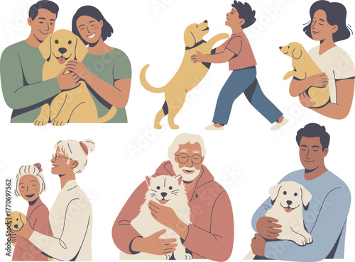 People and Pets Portraits, Love, and Care Flat Illustration Set