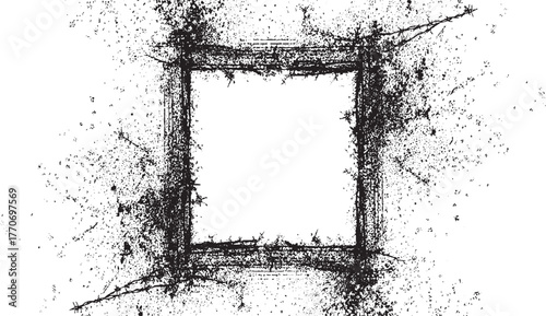 Grungy barbed wire square frame black ink splatter abstract background
