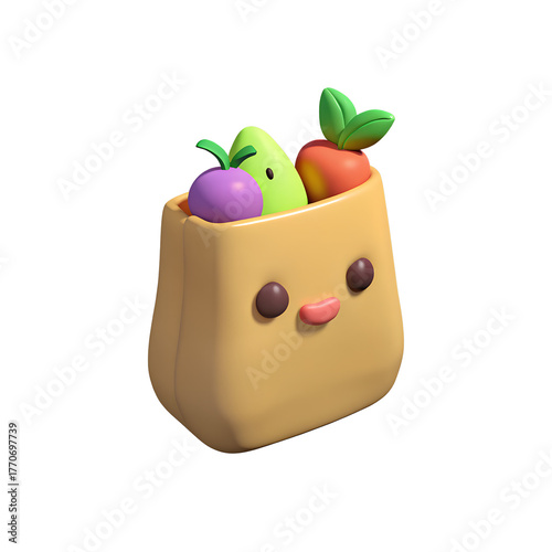 Cute 3D Render Paper Bag Icon with Fruits and Vegetables Illustration Isolated on Transparent Background