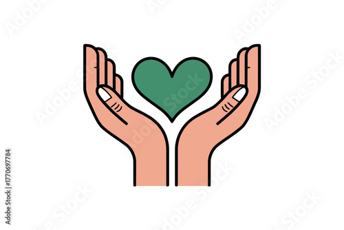 Open hands cradle a green heart, symbolizing care and compassion.