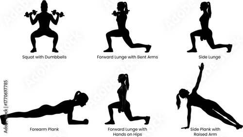 Fitness Silhouette Set – Squat, Lunge, Plank, and Side Plank Poses in Black Vector Style on Transparent Background for Exercise, Strength, and Workout Themes