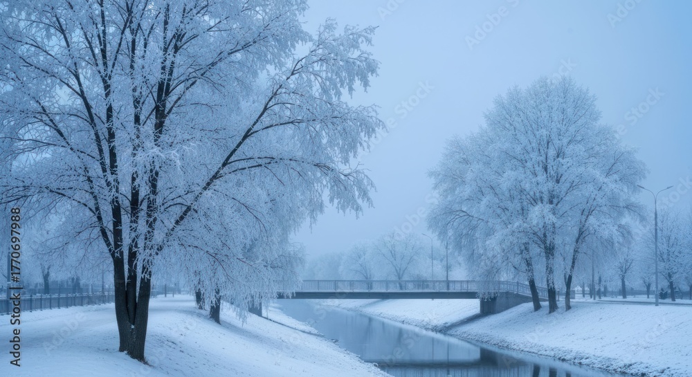 Fototapeta premium Frost-covered trees line a snowy path near a bridge and water