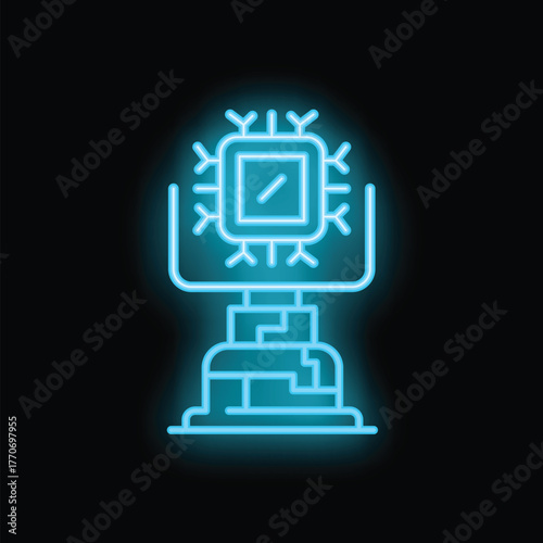 Blue neon cpu chip is glowing, representing the core of processing and computational power