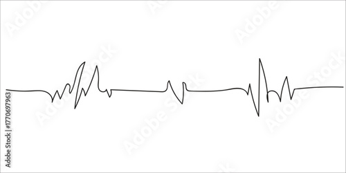 Heartbeat line drawing, one continuous line on white background