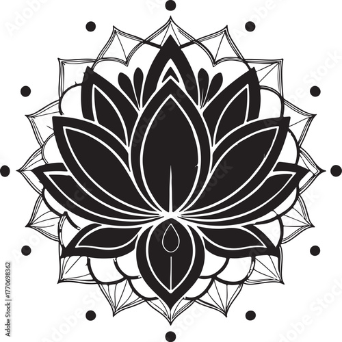 Black and White Lotus Mandala Design with Dots Keywords: lotus, mandala, flower, spiritual, symmetry, black and white, drawing, illustration, sacred geometry, yoga, meditation, zen, pattern