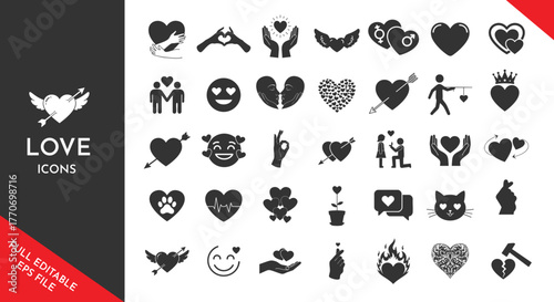Love Icons Set: Relationship, Romantic Gestures, Heart Symbols, and Valentine's Day Graphics Collection in Black Silhouette