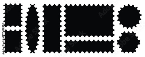 Blank postage stamp set. Clean postage stamp template. Postage icon. Vintage empty postcard stamp frame for mail delivery sticker template, philately element. Vector stamps isolated set.