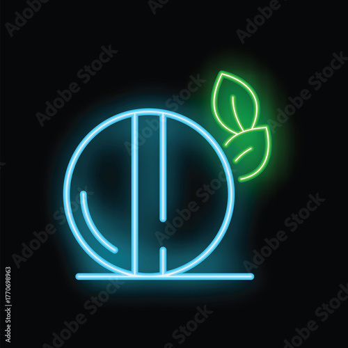 Neon icon of a cricket ball with motion lines and leaves, glowing brightly against a black background