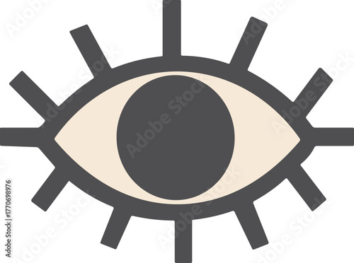 Minimalist flat illustration of an all-seeing eye symbol in neutral tones, representing intuition, protection, and mystical vision in a modern magical style.