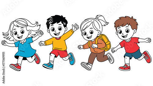 Happy Children Running Together In A Group Illustration