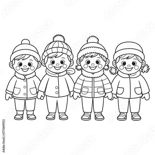 A cartoon illustration of four children dressed in warm winter clothes