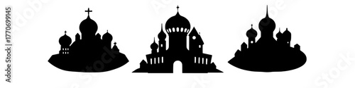silhouette illustrations of three unique eastern european style churches against a white background