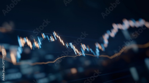 Close-up of glowing AI-driven stock trading interface displaying live price movements, trend lines, and predictive analytics, symbolizing algorithmic trading, fintech innovation, and data-driven