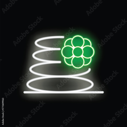 Neon sign representing a spa and wellness center, showing a flower and stones piled up