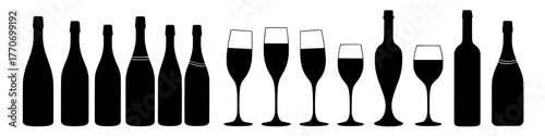 a minimalist silhouette of wine bottles and glasses filled with dark liquid