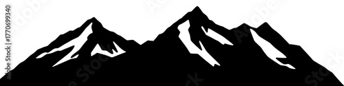 dramatic mountain range silhouette with snow peaks against a white background