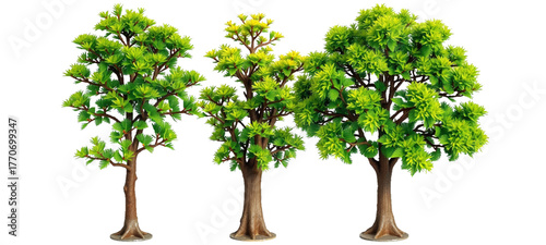 Set of highly detailed Euphorbia mellifera and Cassia javanica frontal street trees with intricate textures and lush green foliage isolated on a transparent background, pergreen tree isolated on white