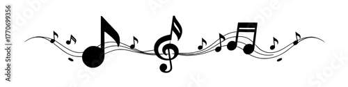 black and white musical notes on a staff, flowing like a melody